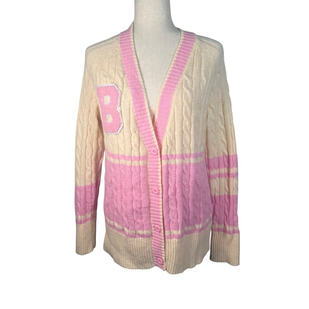 Something New Cream Pink‎ Cable Knit Letter B Varsity Cardigan Sweater Womens S